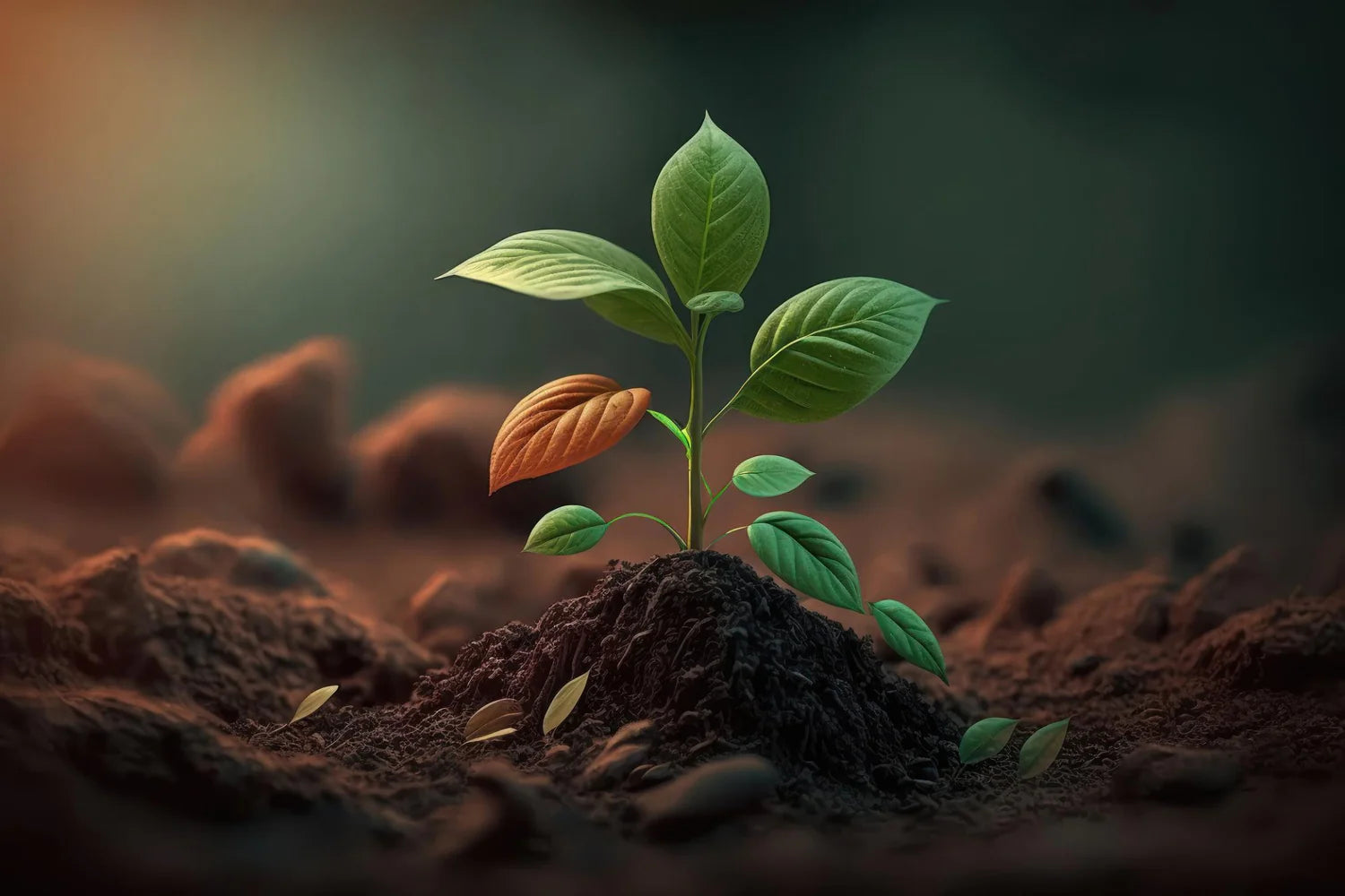 Young plant emerging from soil with a blurred background