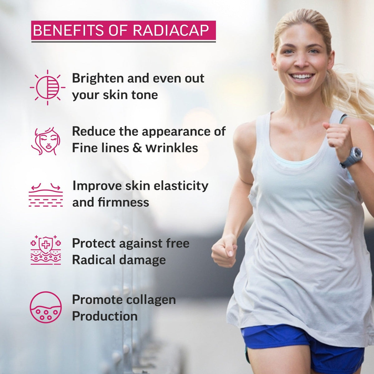 Woman jogging outdoors with Radiacap benefits listing preventive health supplement Ireland