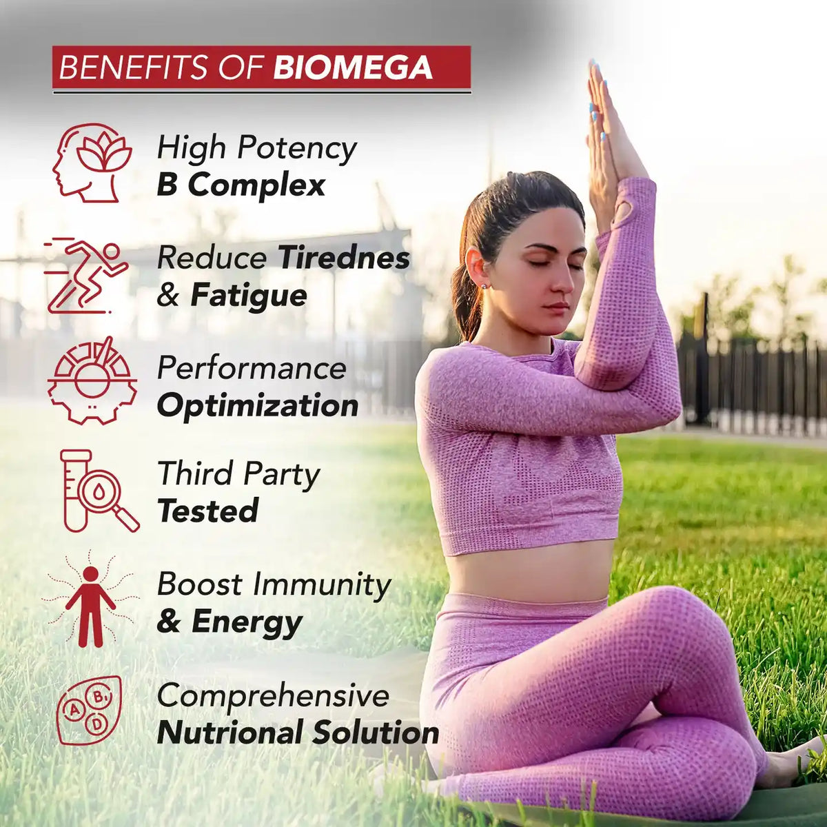 Woman in purple outfit practicing yoga with Biomega benefits listed on a blurred outdoor background
