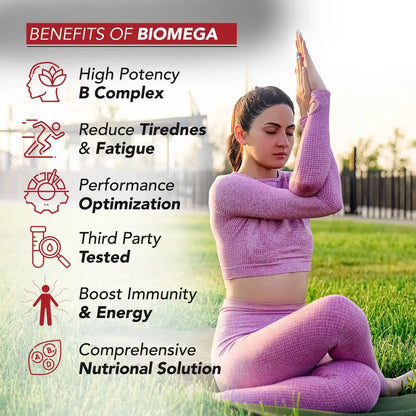 Woman in purple outfit practicing yoga with Biomega benefits listed on a blurred outdoor background