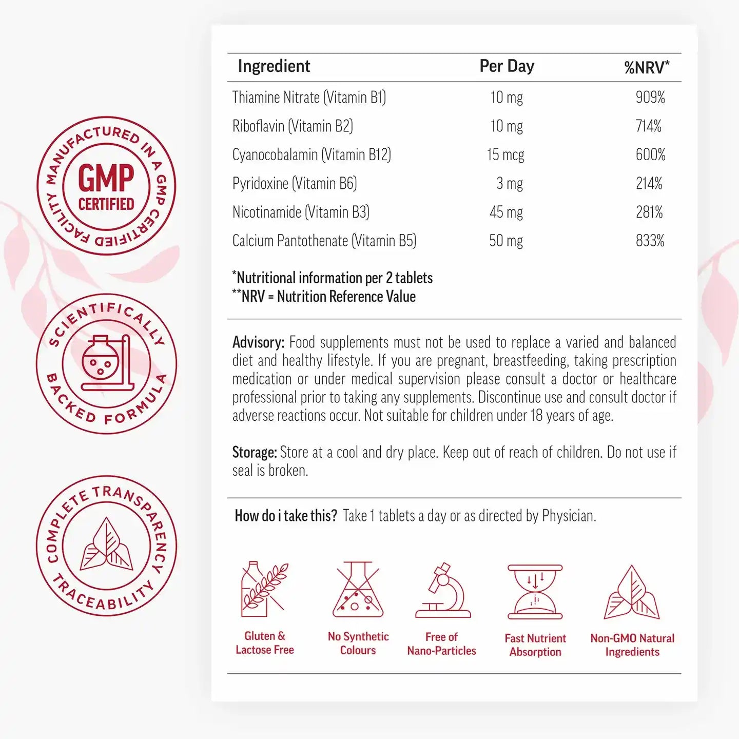 biomega Nutritional supplement label with ingredients, per day values, and certification logos on a white background.