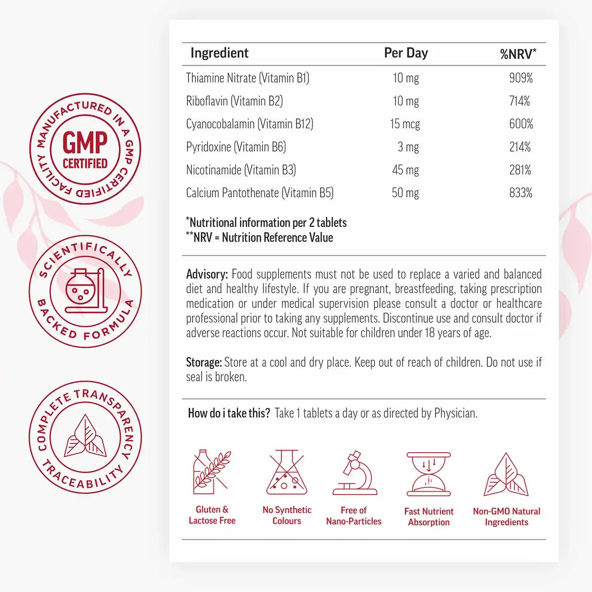 biomega Nutritional supplement label with ingredients, per day values, and certification logos on a white background.