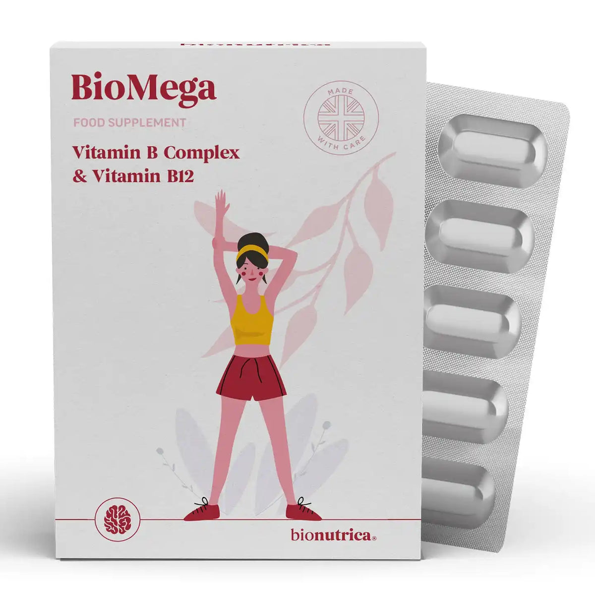 Biomega Vitamin B Complex & Vitamin B12 supplement packaging with a woman illustration on a white background