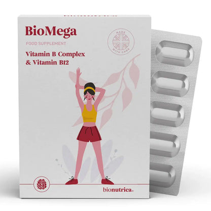 Biomega Vitamin B Complex & Vitamin B12 supplement packaging with a woman illustration on a white background