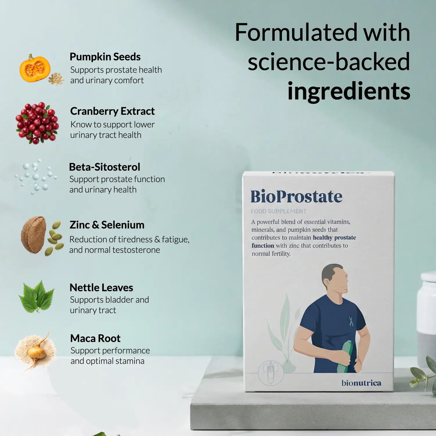 BioProstate ingredients - pumpkin seed 500mg beta-sitosterol zinc nettle leaf prostate supplement
