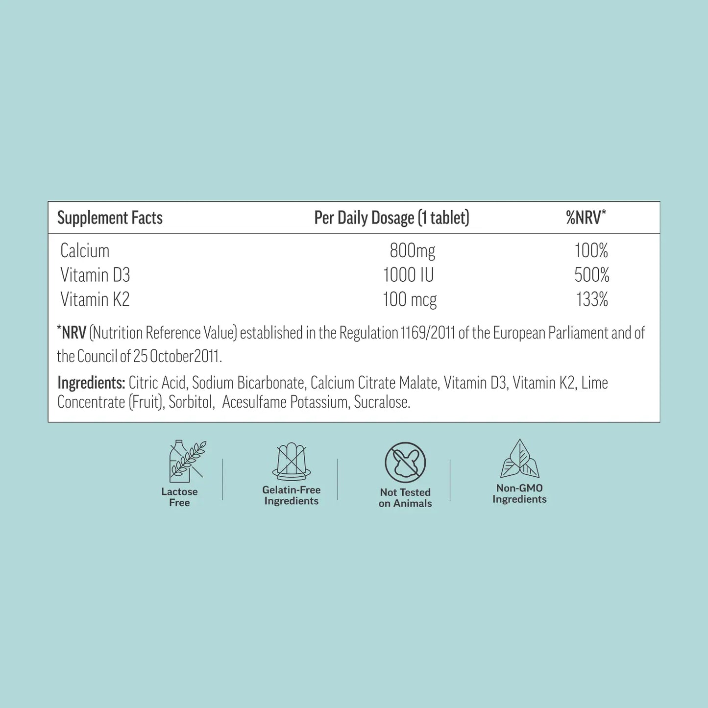 Supplement facts label with daily dosage and ingredients on a light blue background

