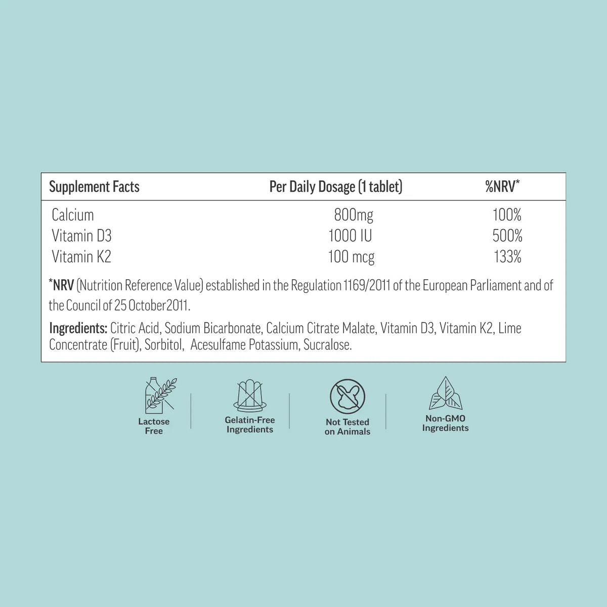 Supplement facts label with daily dosage and ingredients on a light blue background

