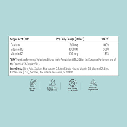 Supplement facts label with daily dosage and ingredients on a light blue background

