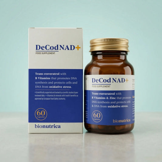 DeCod NAD+ food supplement for Longetivity containing Trans-resveratrol with B Vitamins and Zinc